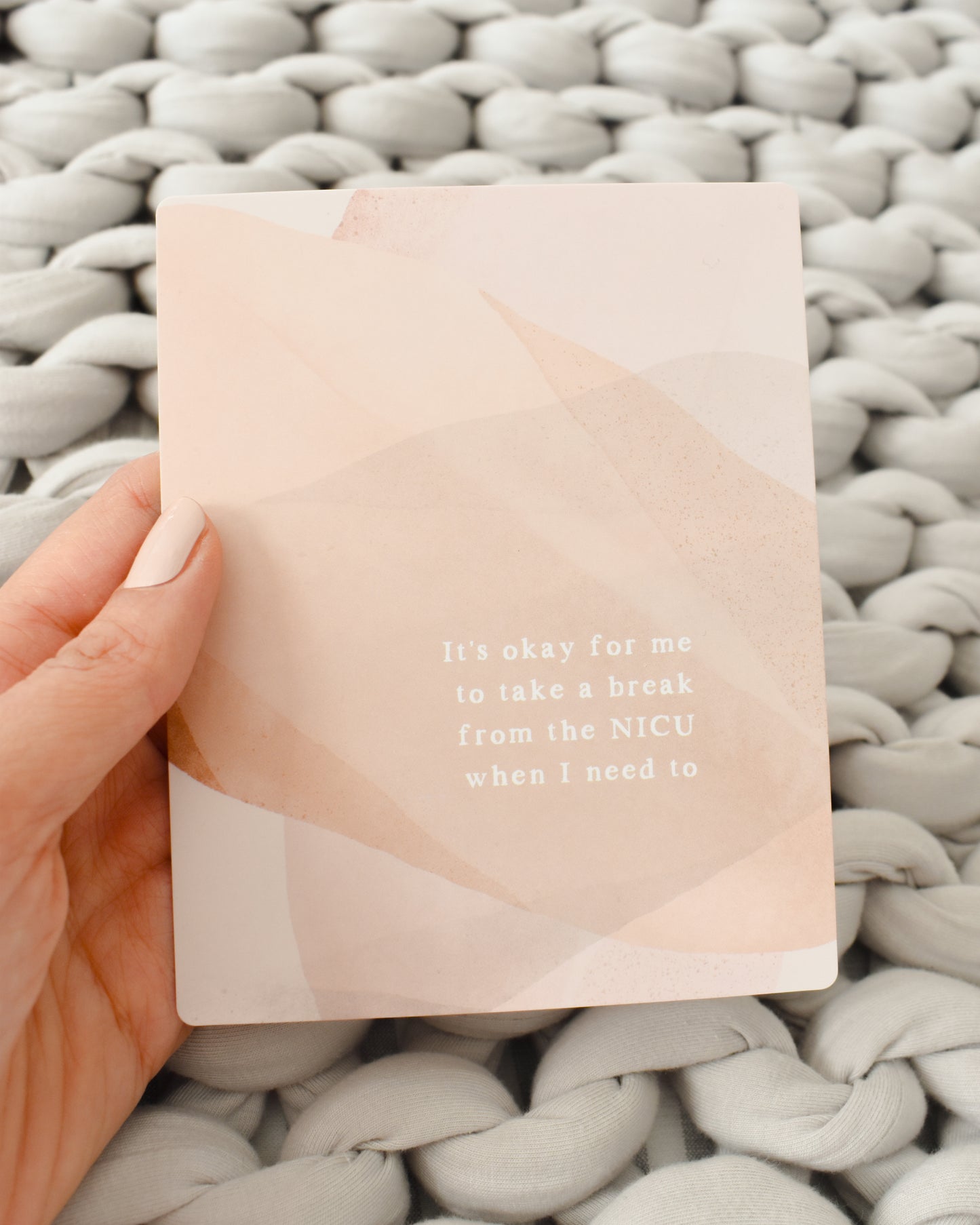 NICU Mama Affirmation Card from Fourth Trimester Mama, reads "It's okay for me to take a break from the NICU when I need to"