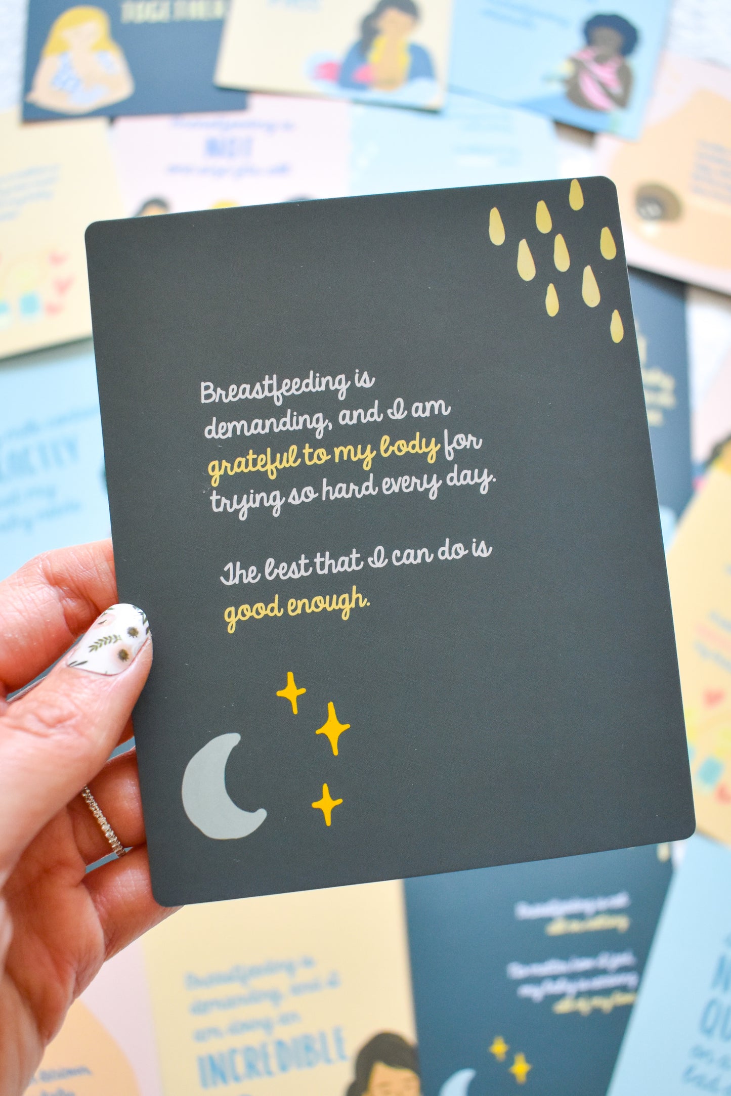 Breastfeeding Affirmation Card from Fourth Trimester Mama, reads "Breastfeeding is demanding, and I am grateful to my body for trying so hard every day. The best that I can do is good enough."