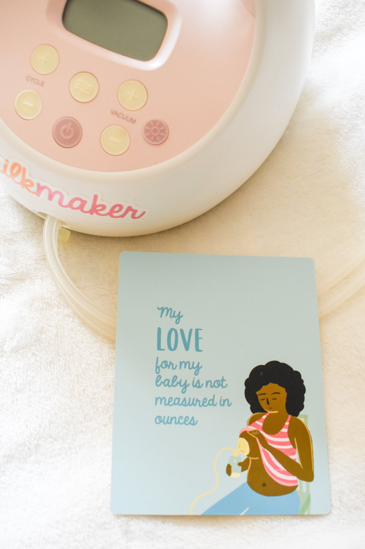 Breastfeeding Affirmation Card from Fourth Trimester Mama, reads "My love for my baby is not measured in ounces"